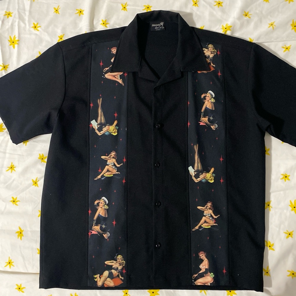 SOLD-VTG Steady Last Call Shirt Mens Short Sleeve Black Pinup Girls Bowling